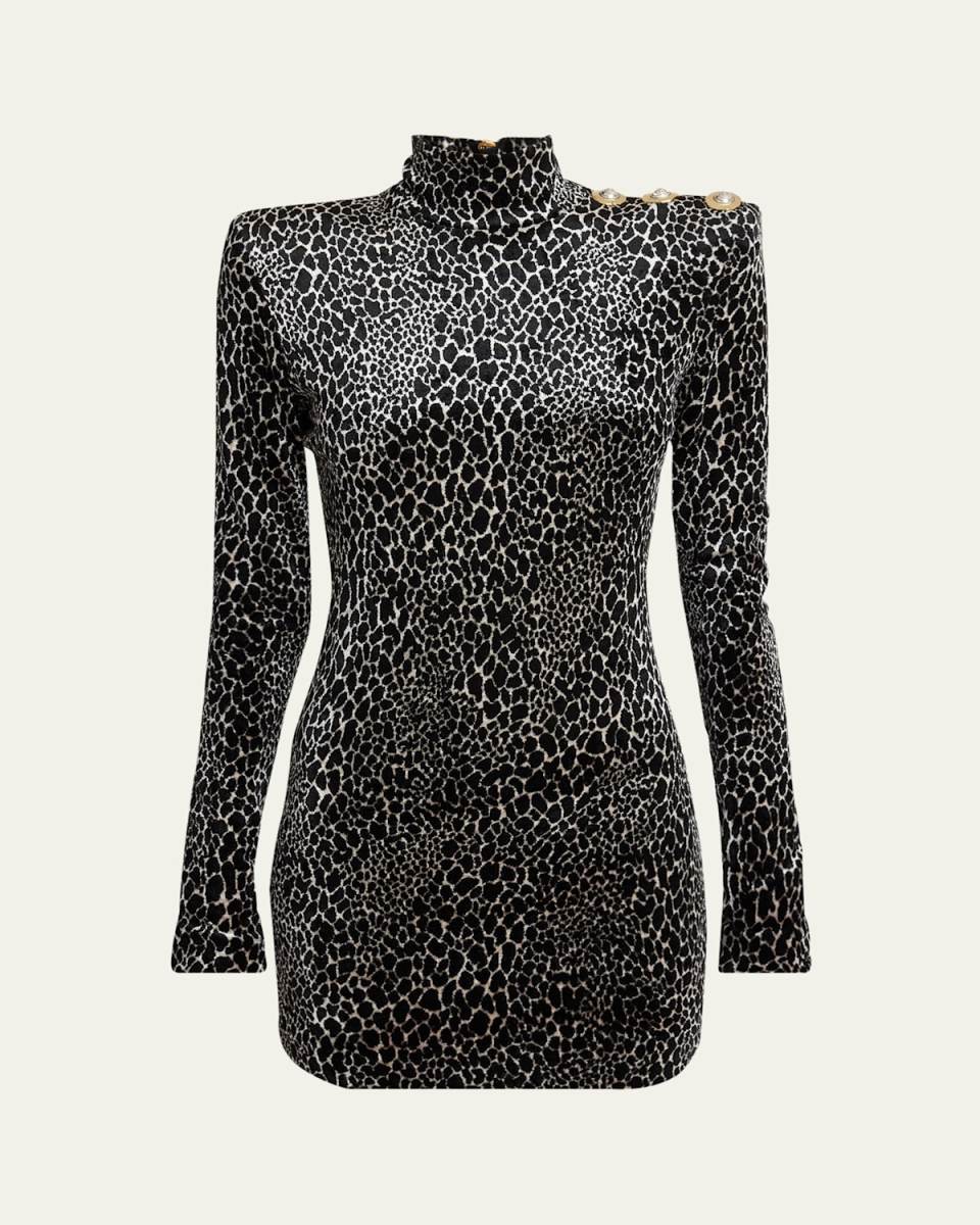Leopard Velvet Button Strong-Shoulder Mini Dress